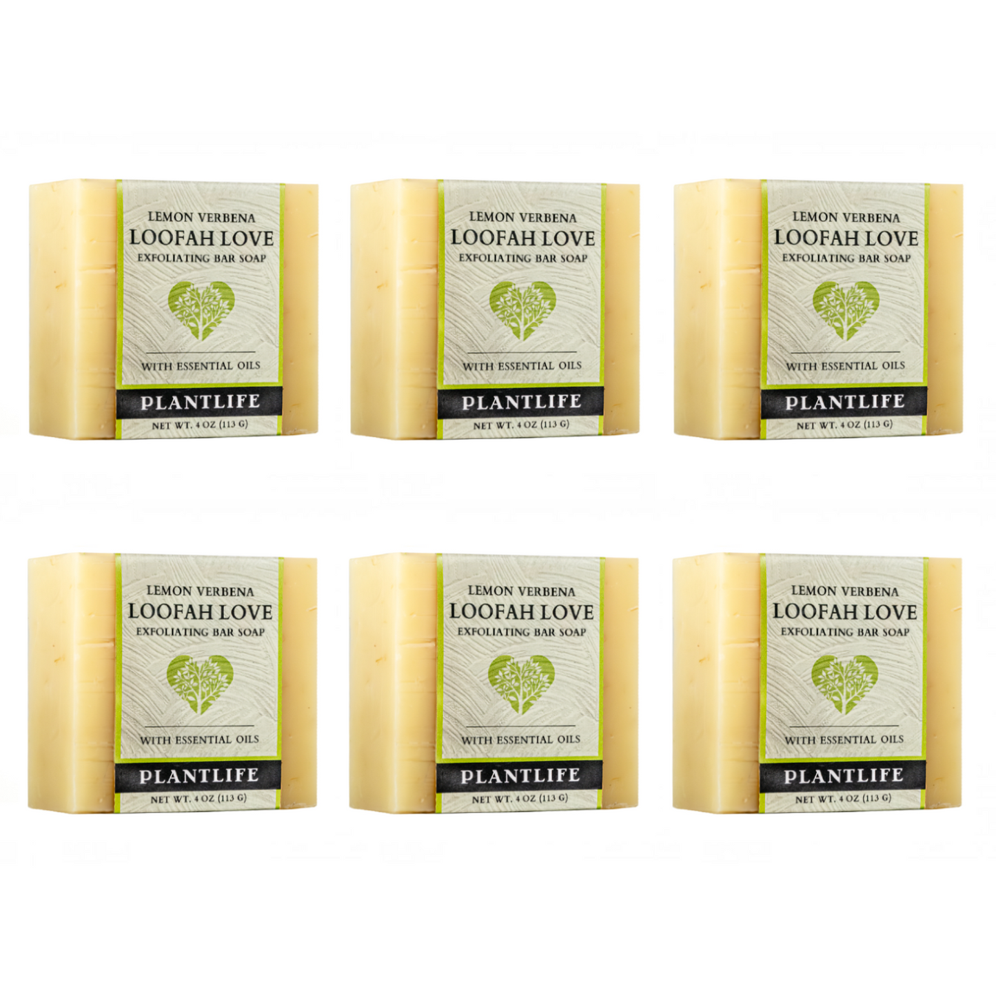 Six bars of Plantlife Lemon Verbena Loofah Love soap on a white background
