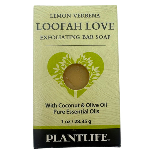 Plantlife Lemon Verbena Loofah Love Exfoliating Bar Soap 1 oz with coconut oil, olive oil, and pure essential oils.