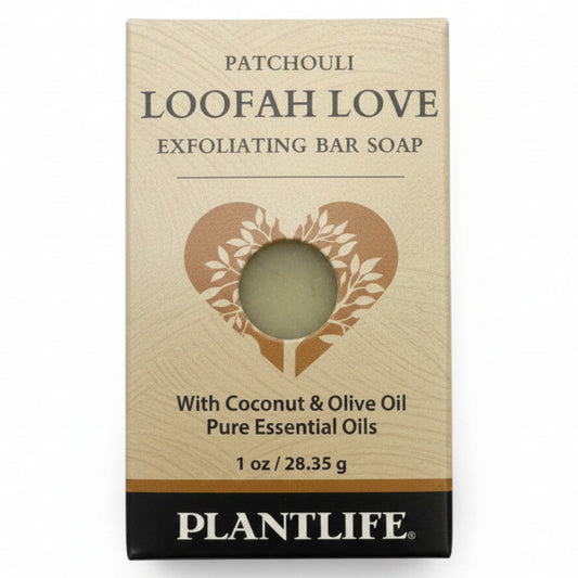 Plantlife Patchouli Loofah Love Exfoliating Bar Soap 1 oz with coconut oil, olive oil, and pure essential oils.