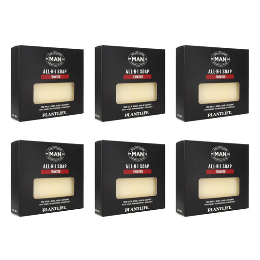 Six boxes of Plantlife all-in-one soap on a white background