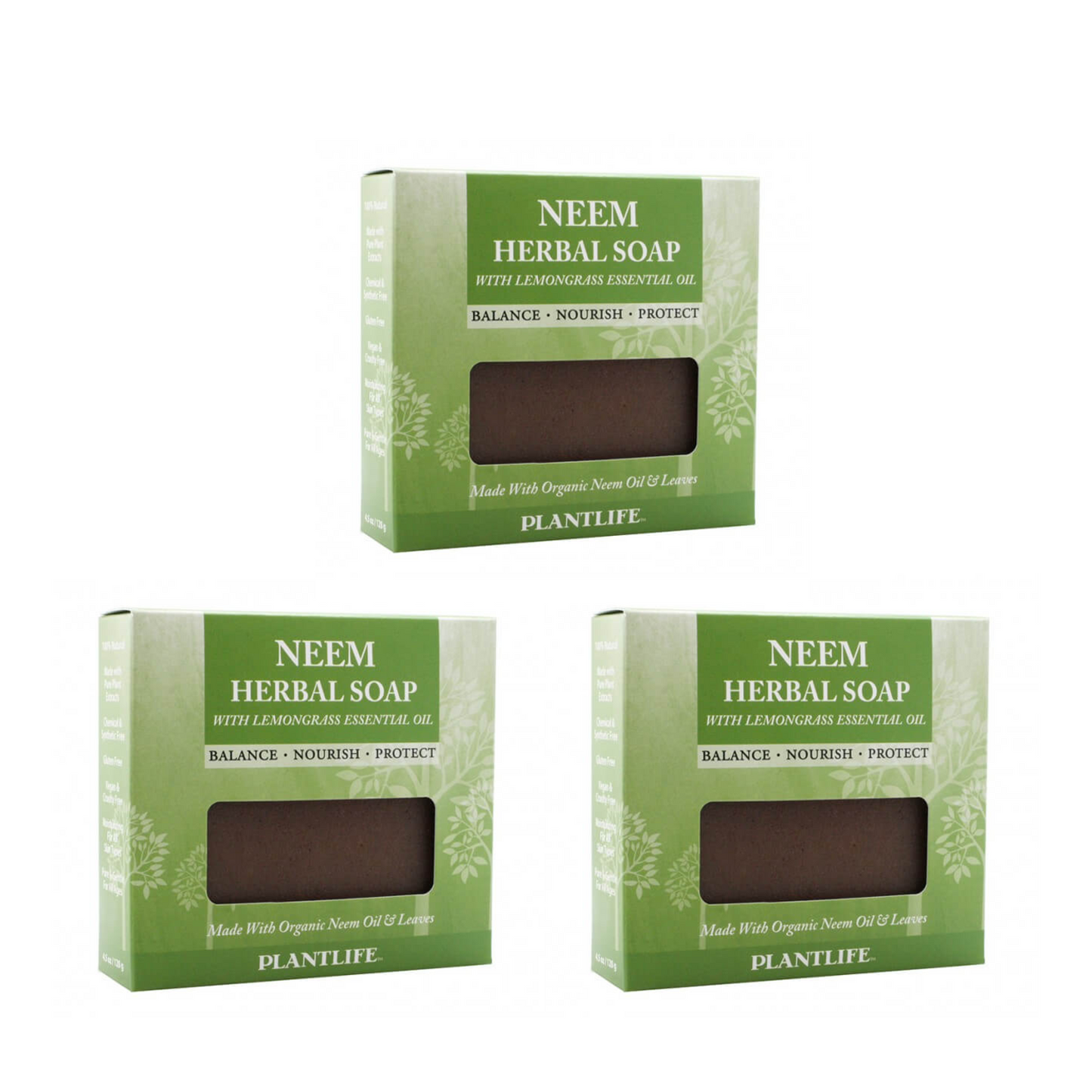Three boxes of Neem Herbal Soap by Plantlife on a white background