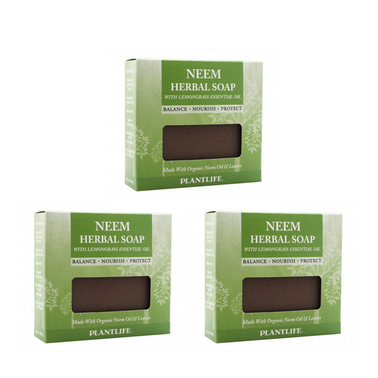Three boxes of Neem Herbal Soap by Plantlife on a white background