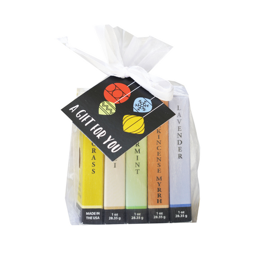Plantlife holiday gift set with five 1 oz bar soaps in a white mesh bag with a festive “A Gift for You” tag.