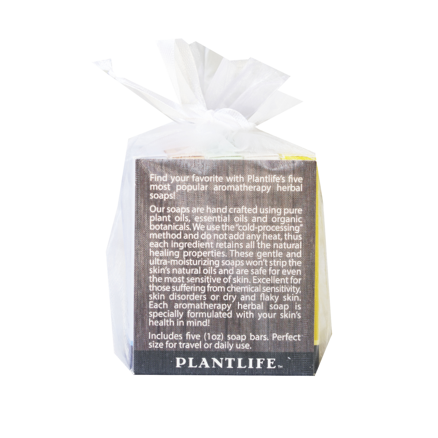 Back of Plantlife holiday soap gift set with description of five 1 oz aromatherapy herbal soaps in a white mesh bag.