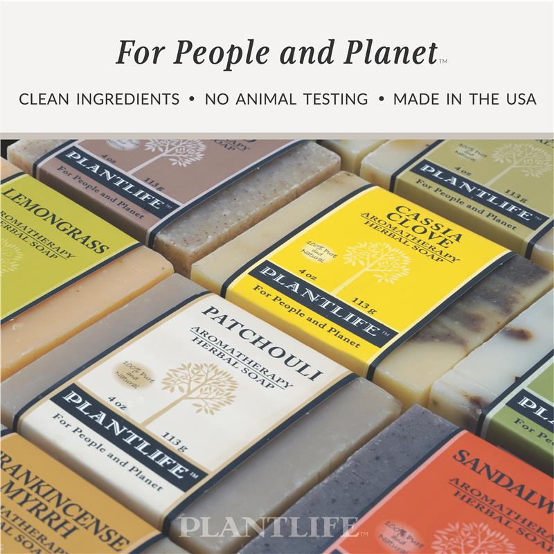 Collection of Plantlife soap bars with various scents on a white background.