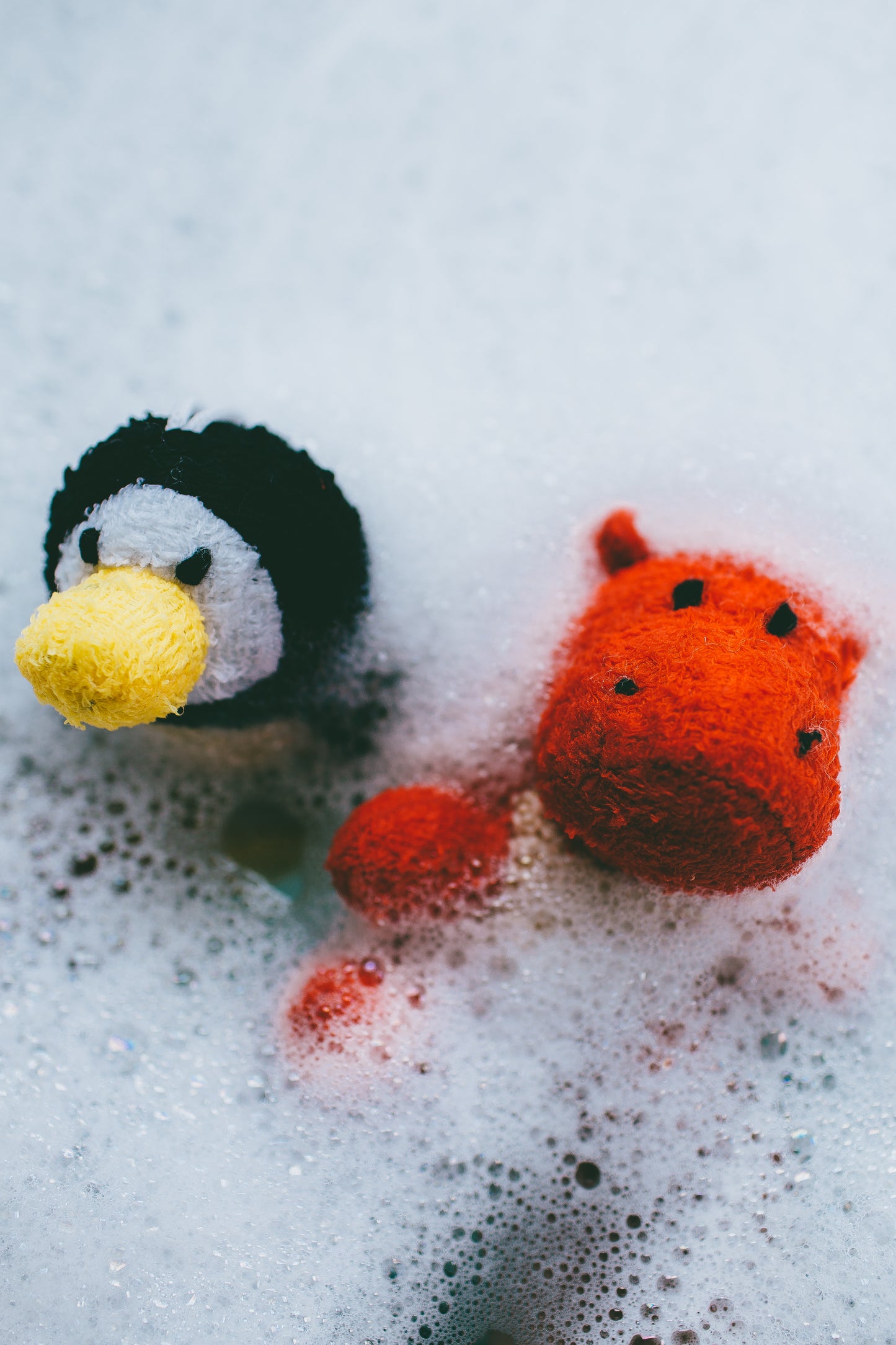 Two Scrubby Animals in a foamy bathtub