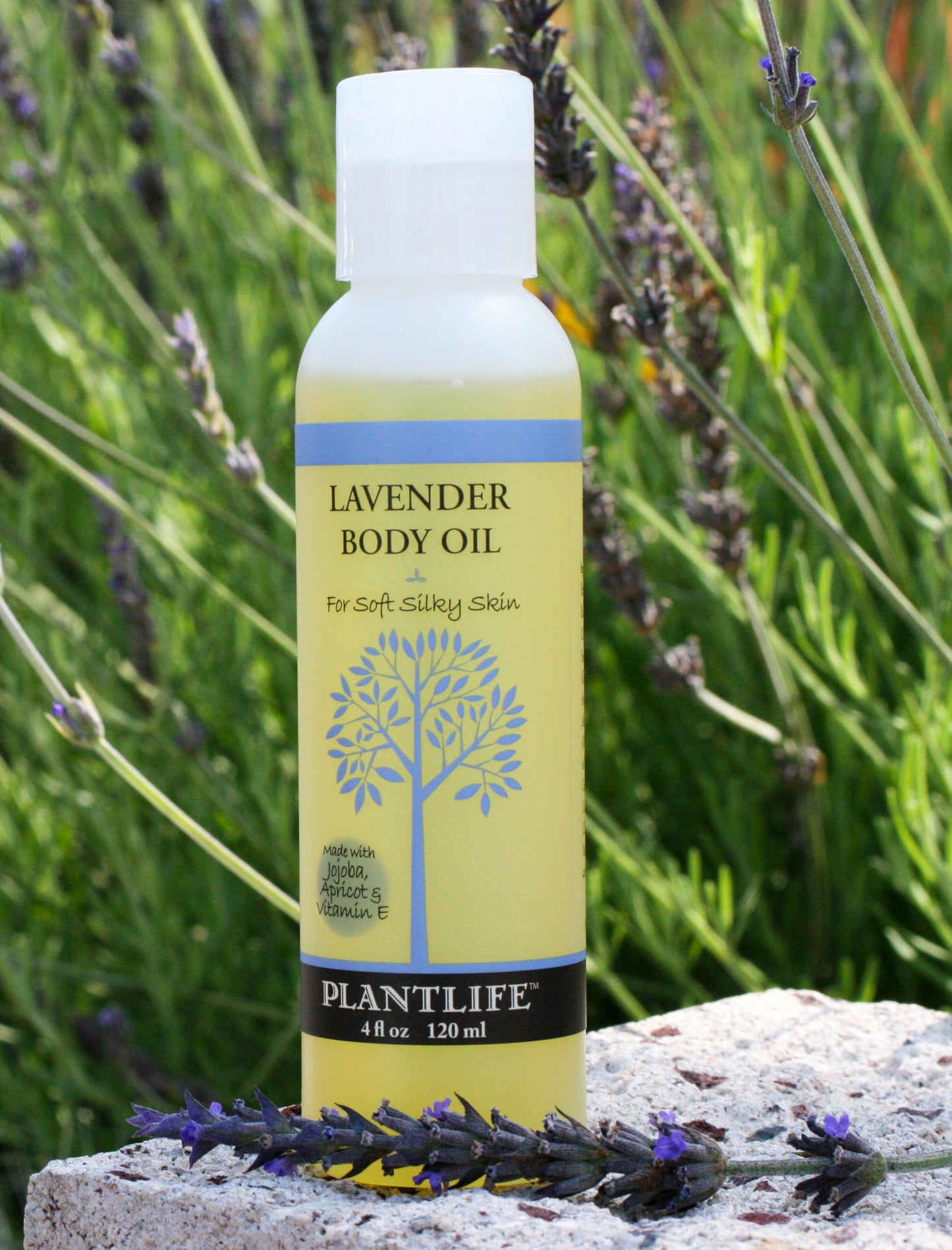 Bottle of lavender body oil with lavender flowers in the background