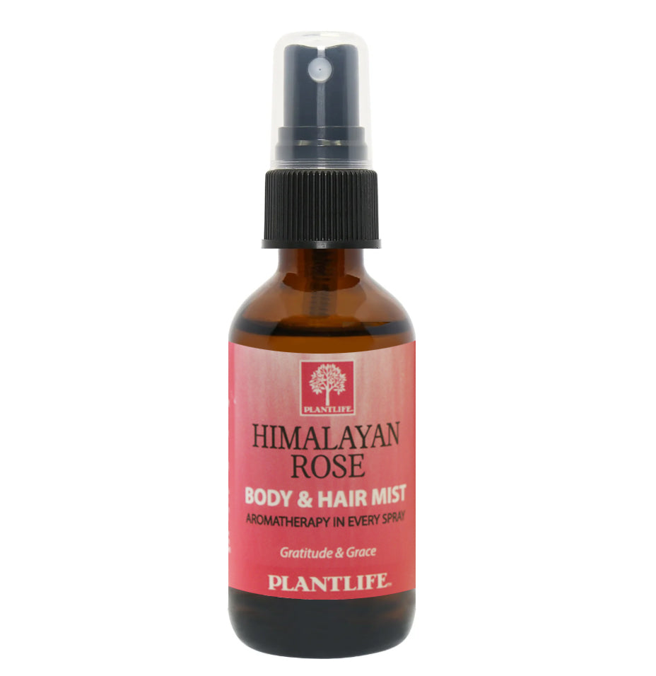 Plantlife Himalayan Rose Body & Hair Mist in amber spray bottle with pink label