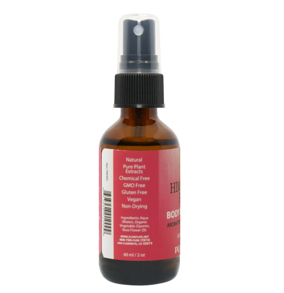 Side view of Plantlife Himalayan Rose Body & Hair Mist highlighting natural ingredients and product claims on pink label