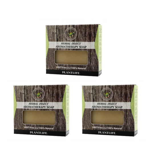 Three boxes of Plantlife Herbal Insect Aromatherapy Soap on a white background