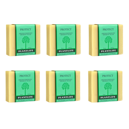 Six bars of Plantlife Protect soap on a white background