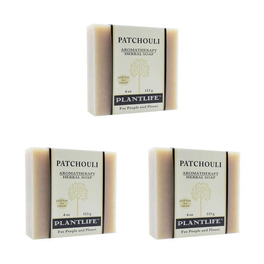 Three bars of Patchouli Aromatherapy Herbal Soap by Plantlife on a white background