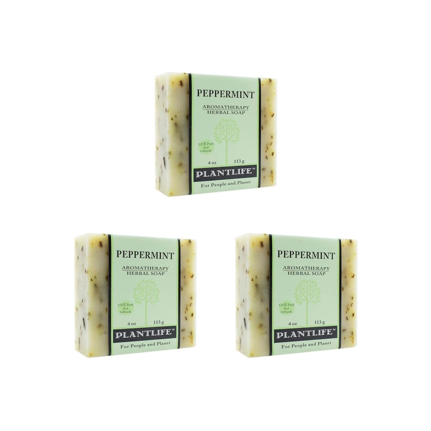 Three bars of Plantlife peppermint soap on a white background
