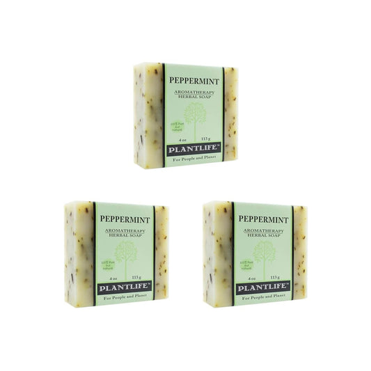 Three bars of Plantlife peppermint soap on a white background