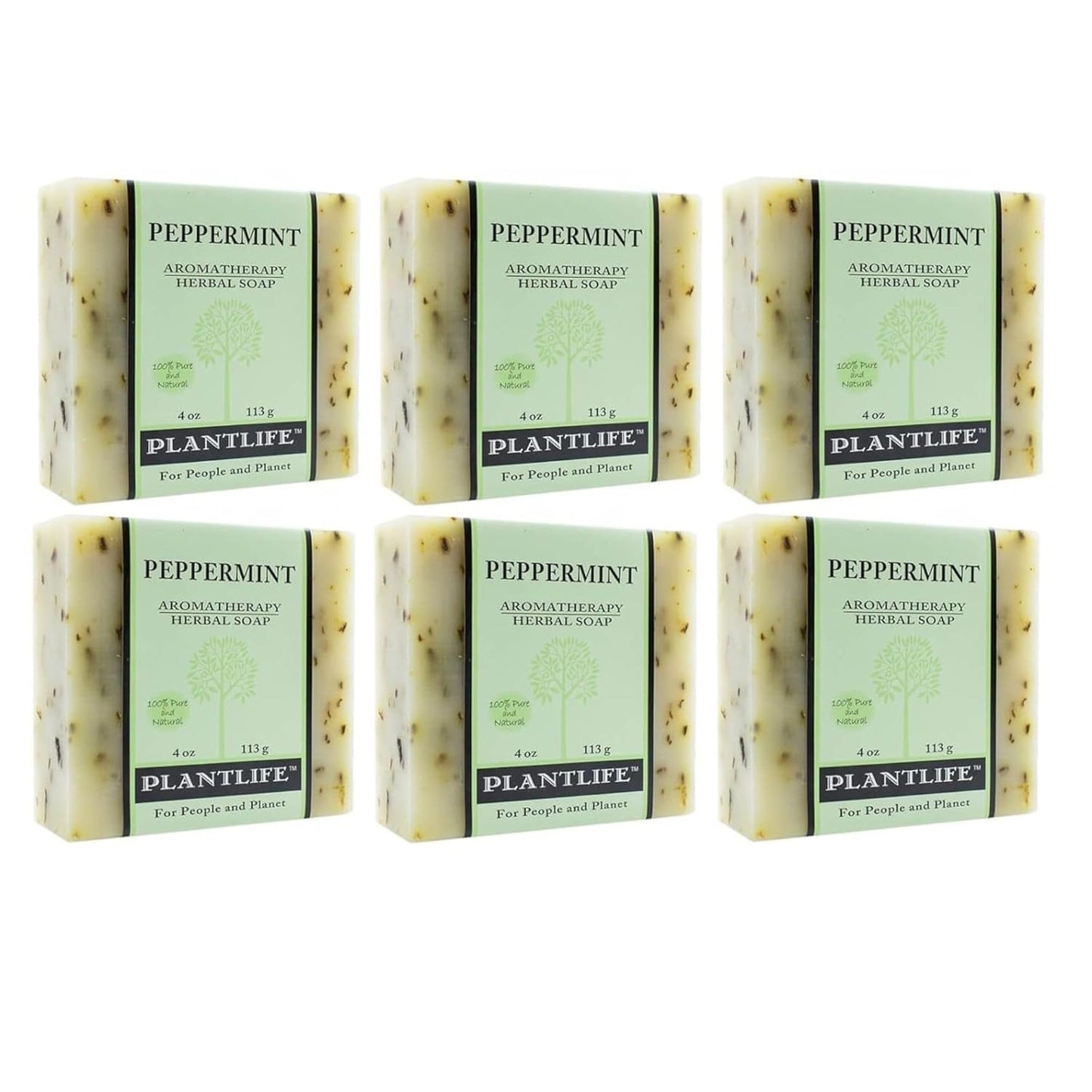 Six bars of Plantlife peppermint soap on a white background