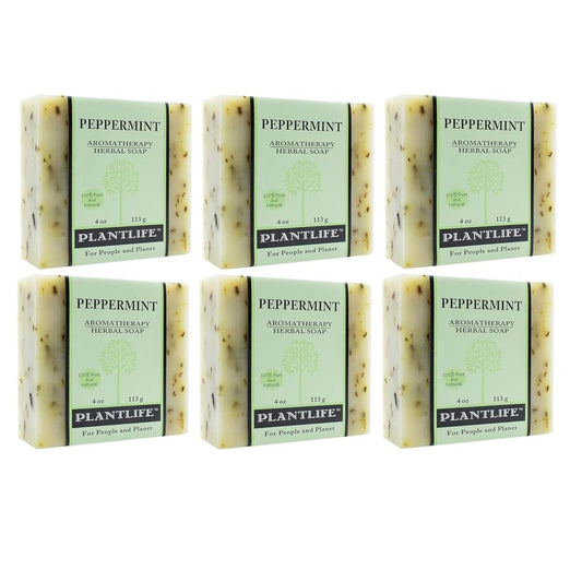 Six bars of Plantlife peppermint soap on a white background