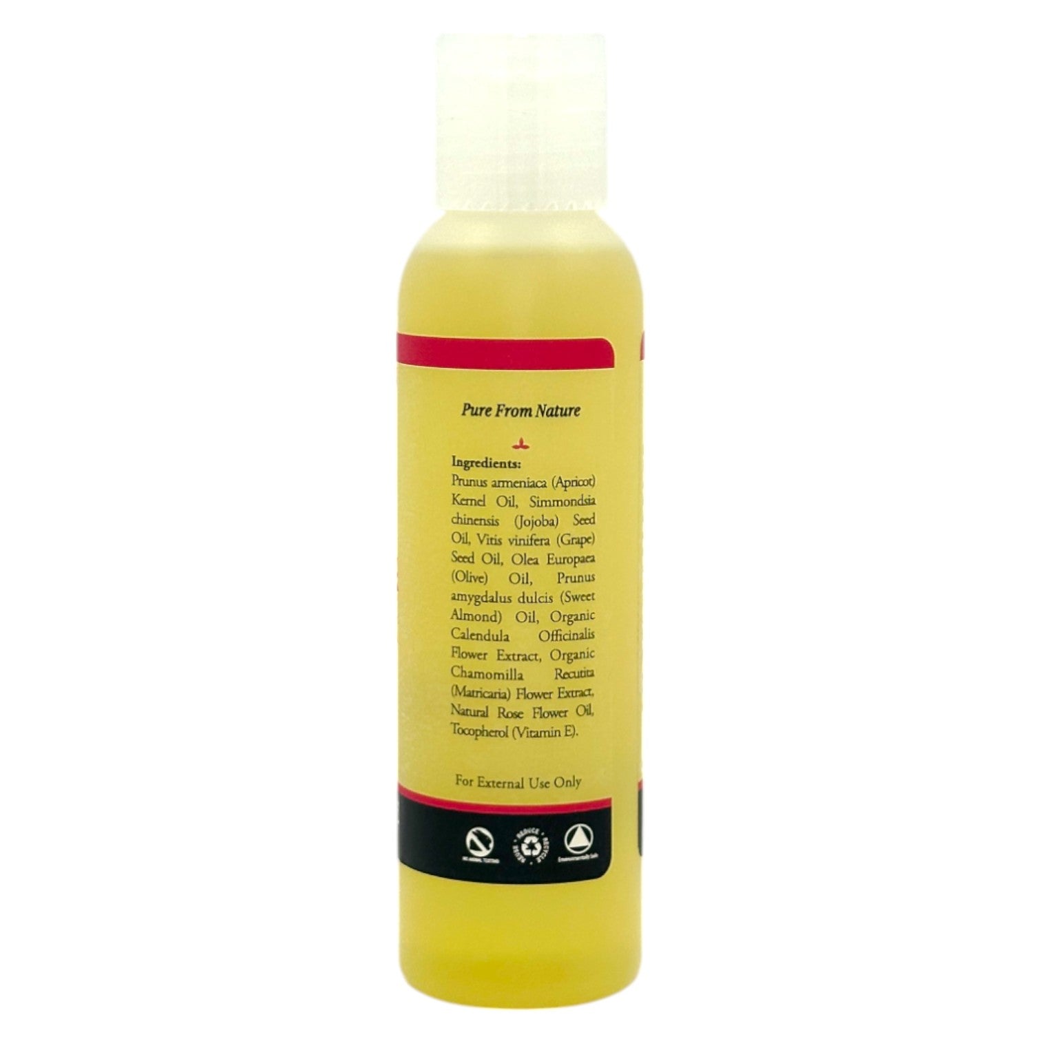 Back ingredients label of Plantlife Himalayan Rose Body Oil listing botanical oils and extracts, including apricot kernel oil, jojoba, grape seed oil, and natural rose oil.