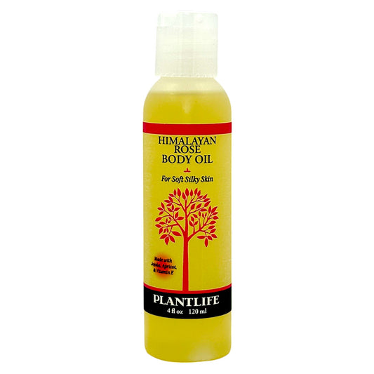 Plantlife Himalayan Rose Body Oil in a 4 oz bottle, made with jojoba, apricot oil, and vitamin E for soft, silky skin.
