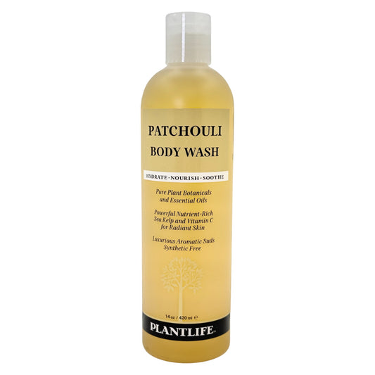 Patchouli body wash bottle with Plantlife branding on a white background