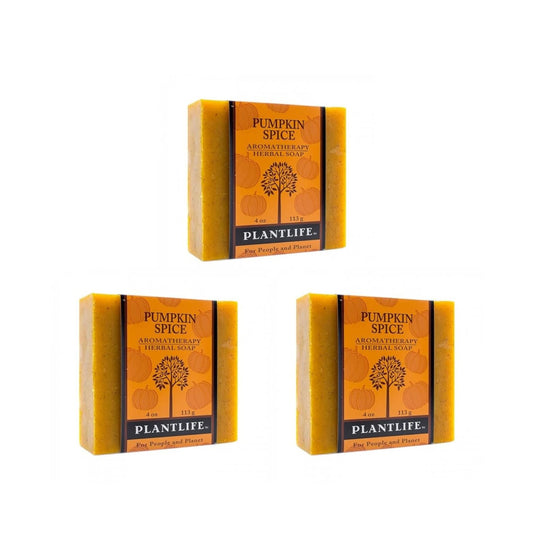 Three bars of Plantlife Pumpkin Spice soap on a white background
