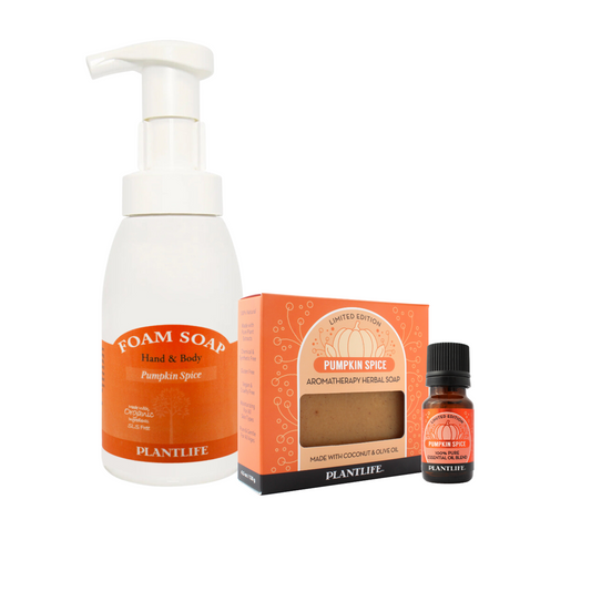 Plantlife Pumpkin Spice fall trio set with hand and body foam soap, aromatherapy herbal soap, and 100% pure essential oil blend in autumn-themed packaging