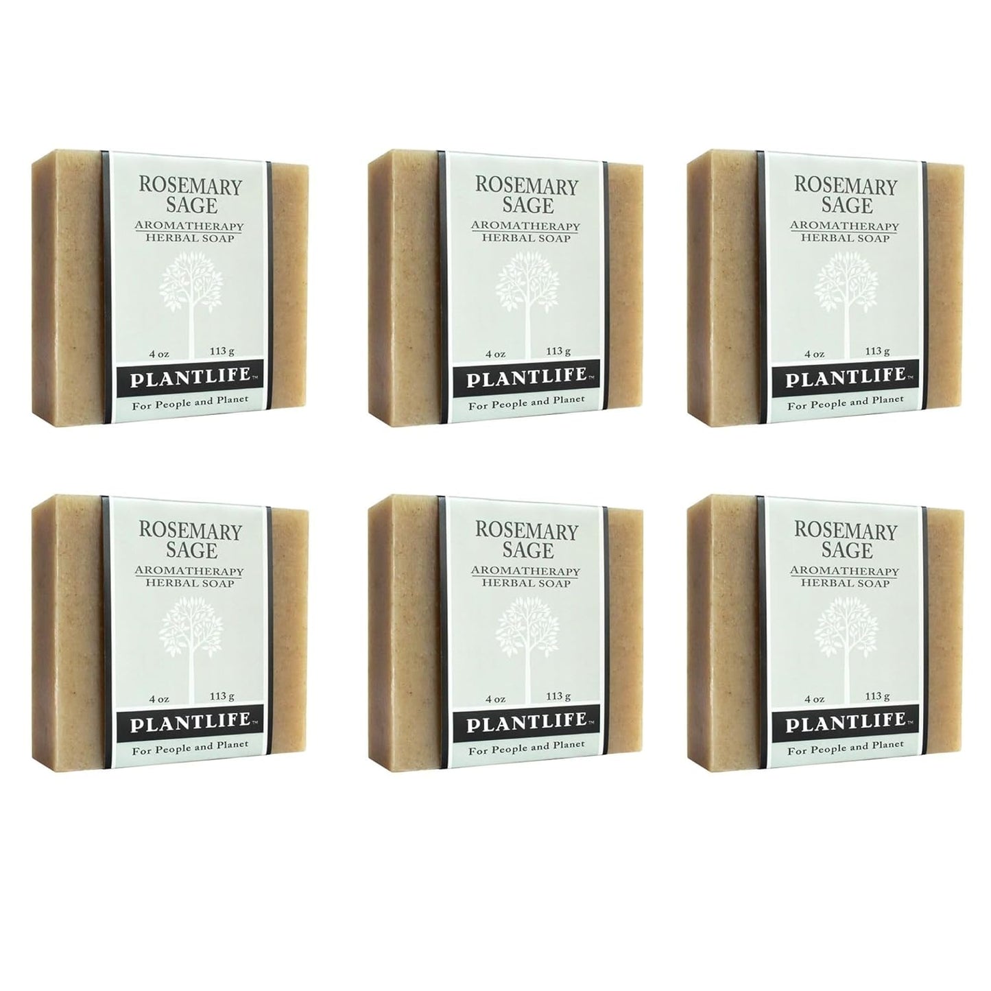 Six bars of Plantlife Rosemary Sage soap on a white background