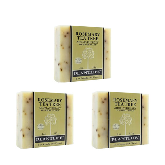 Three bars of Plantlife Rosemary Tea Tree soap on a white background