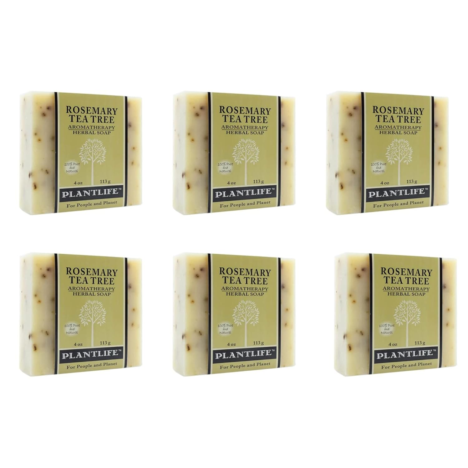 Six bars of Plantlife Rosemary Tea Tree soap on a white background