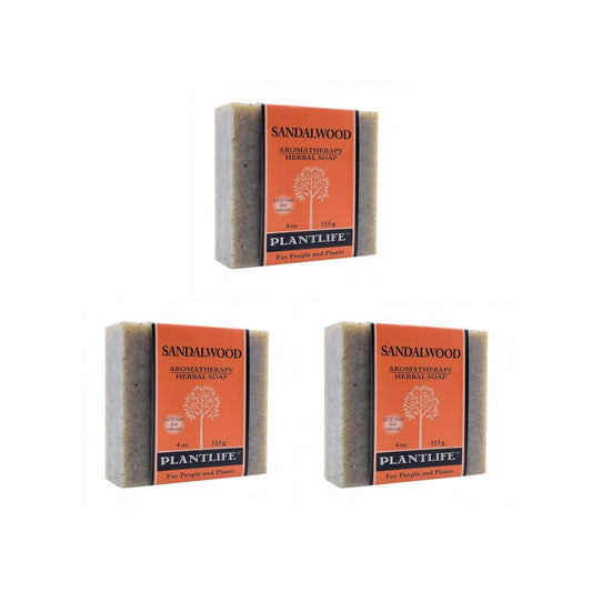 Three bars of Sandalwood Aromatherapy Herbal Soap by Plantlife on a white background