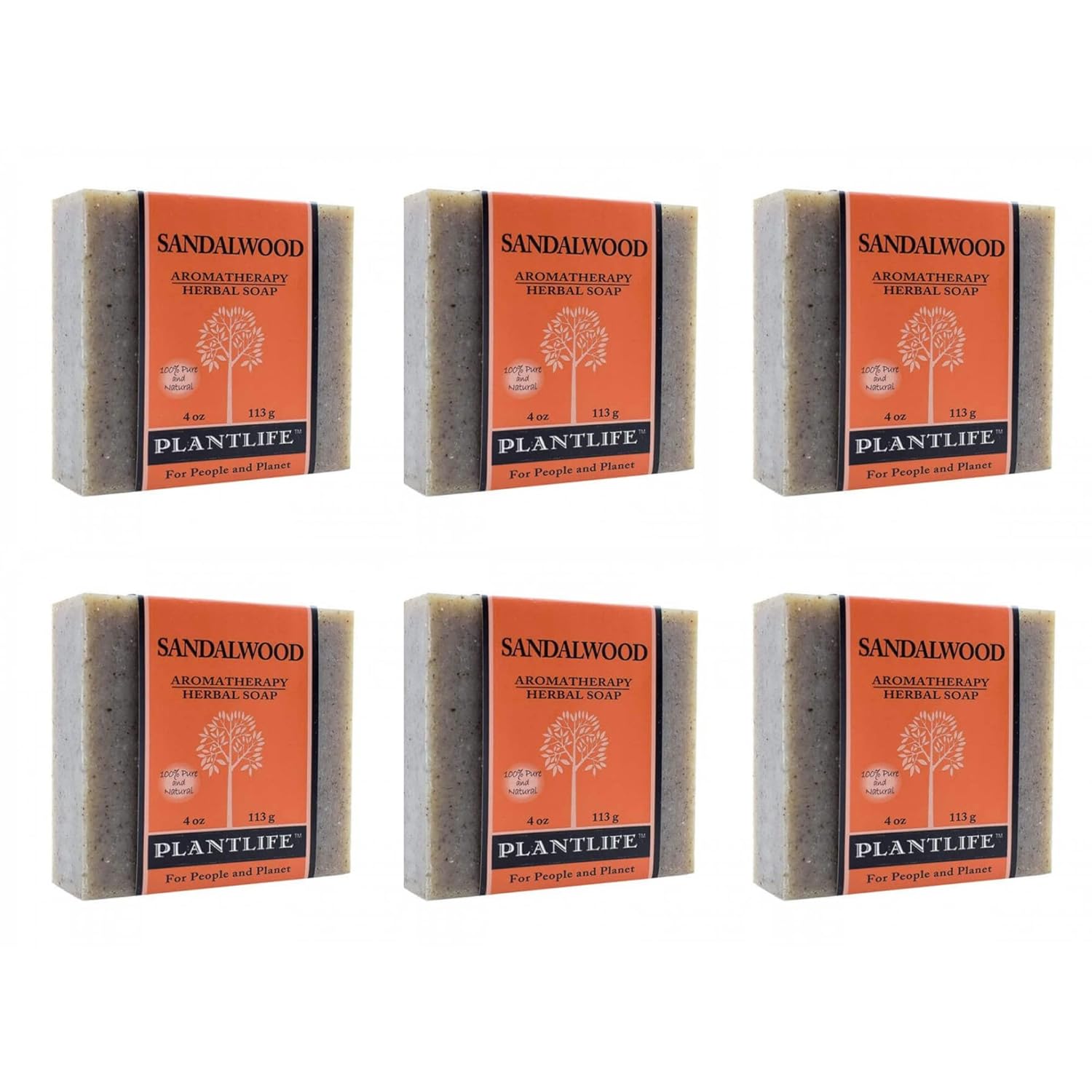 Six bars of Plantlife Sandalwood Aromatherapy Herbal Soap on a white background