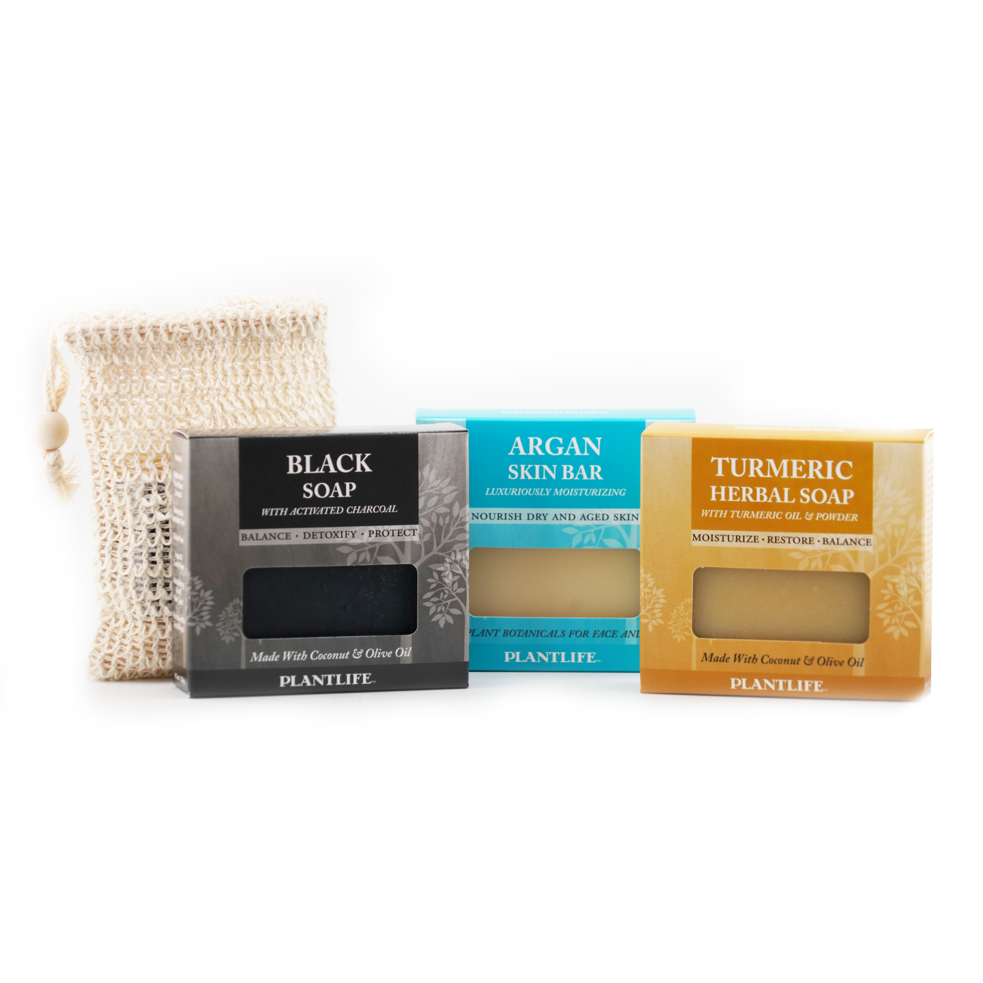 Plantlife Soap Set with black charcoal soap, argan skin bar, turmeric herbal soap, and natural exfoliating soap sack