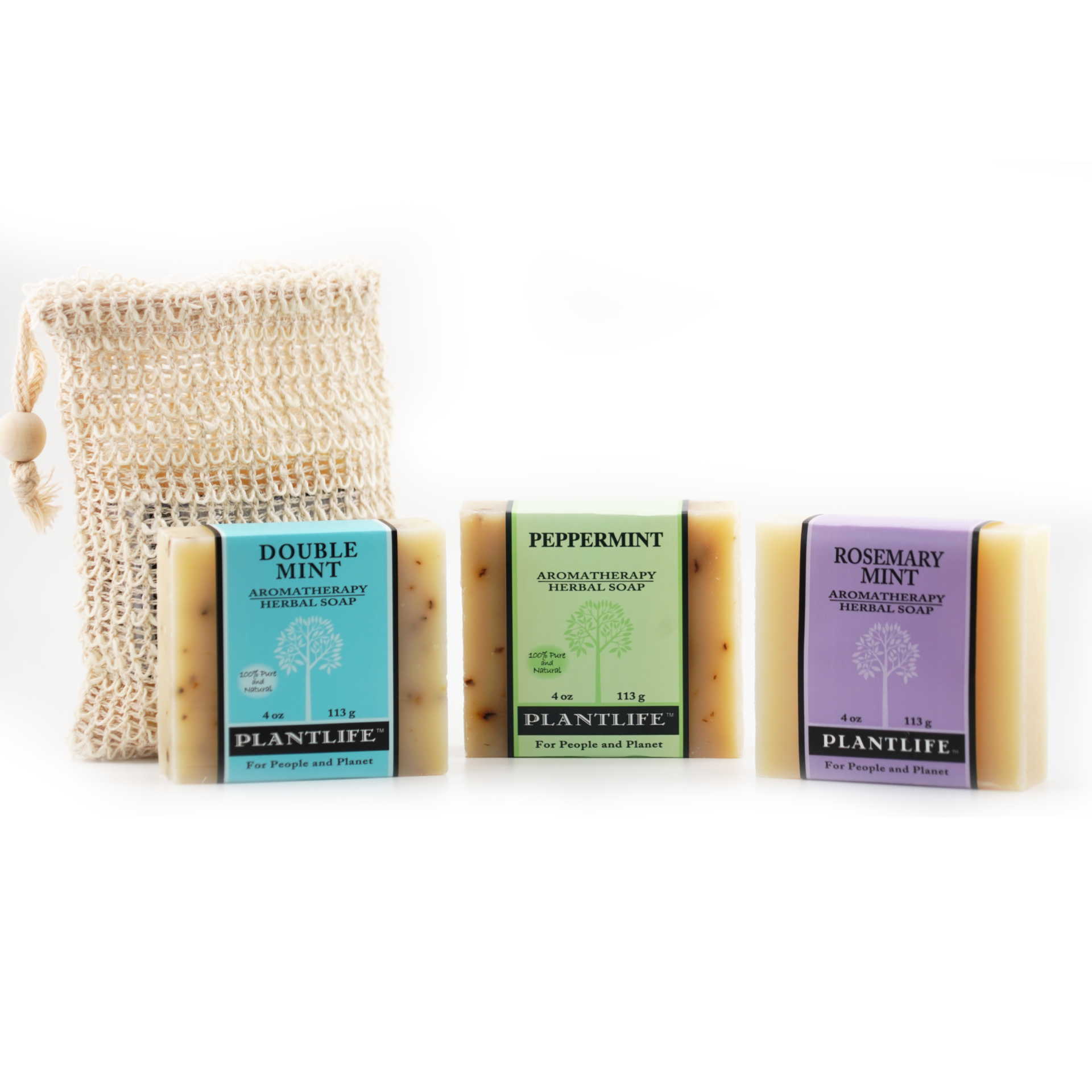 Plantlife Soap Gift Set with double mint, peppermint, and rosemary mint aromatherapy herbal soaps and natural soap sack