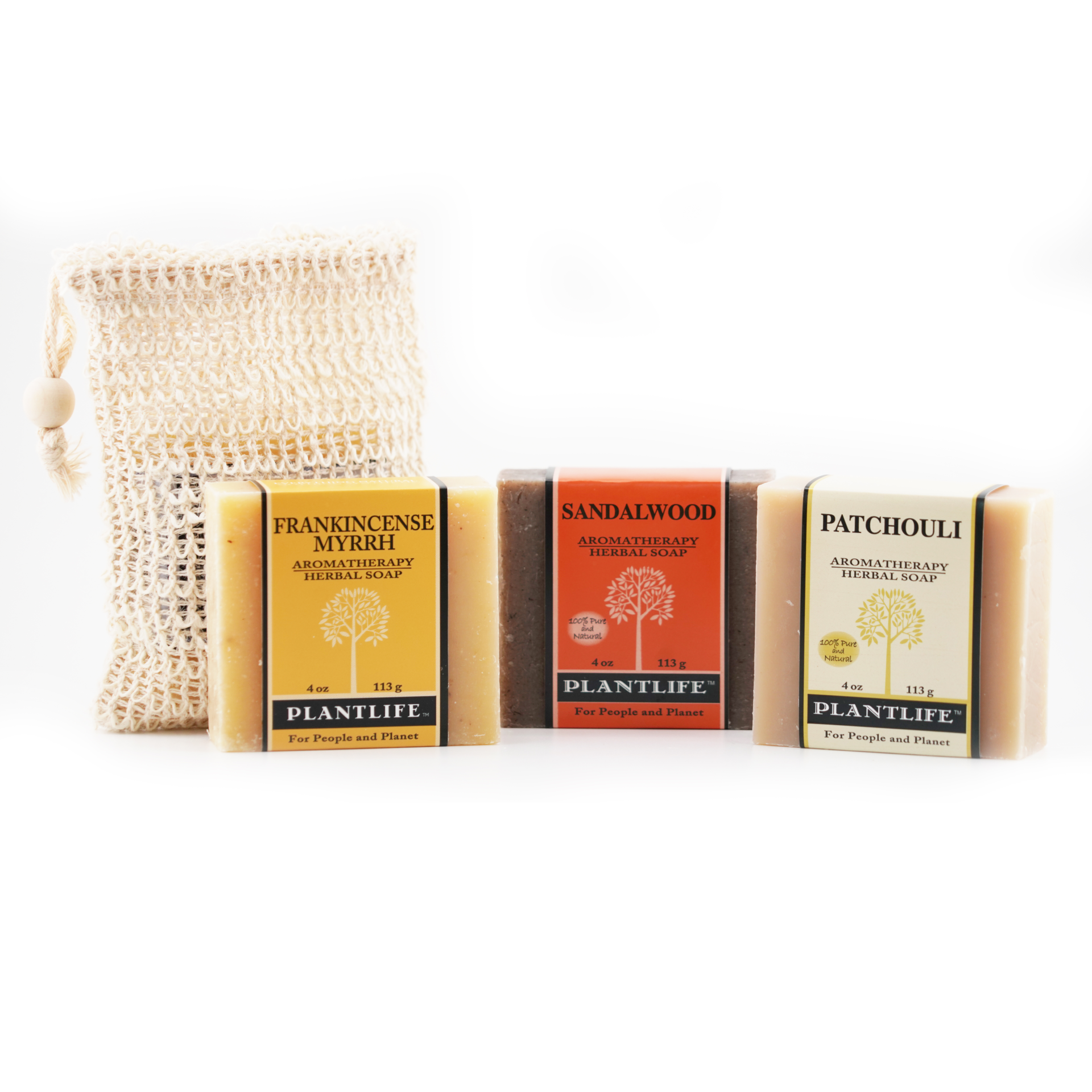 Plantlife Soap Gift Set with frankincense myrrh, sandalwood, and patchouli aromatherapy herbal soaps plus natural soap sack