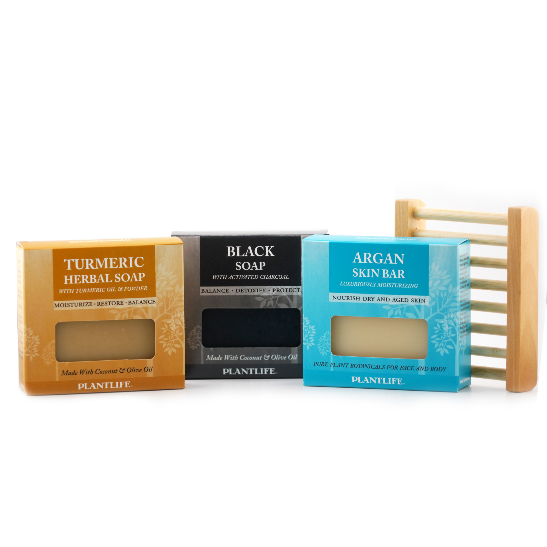 Plantlife Soap Set with turmeric herbal soap, black charcoal soap, argan skin bar, and natural wooden soap dish