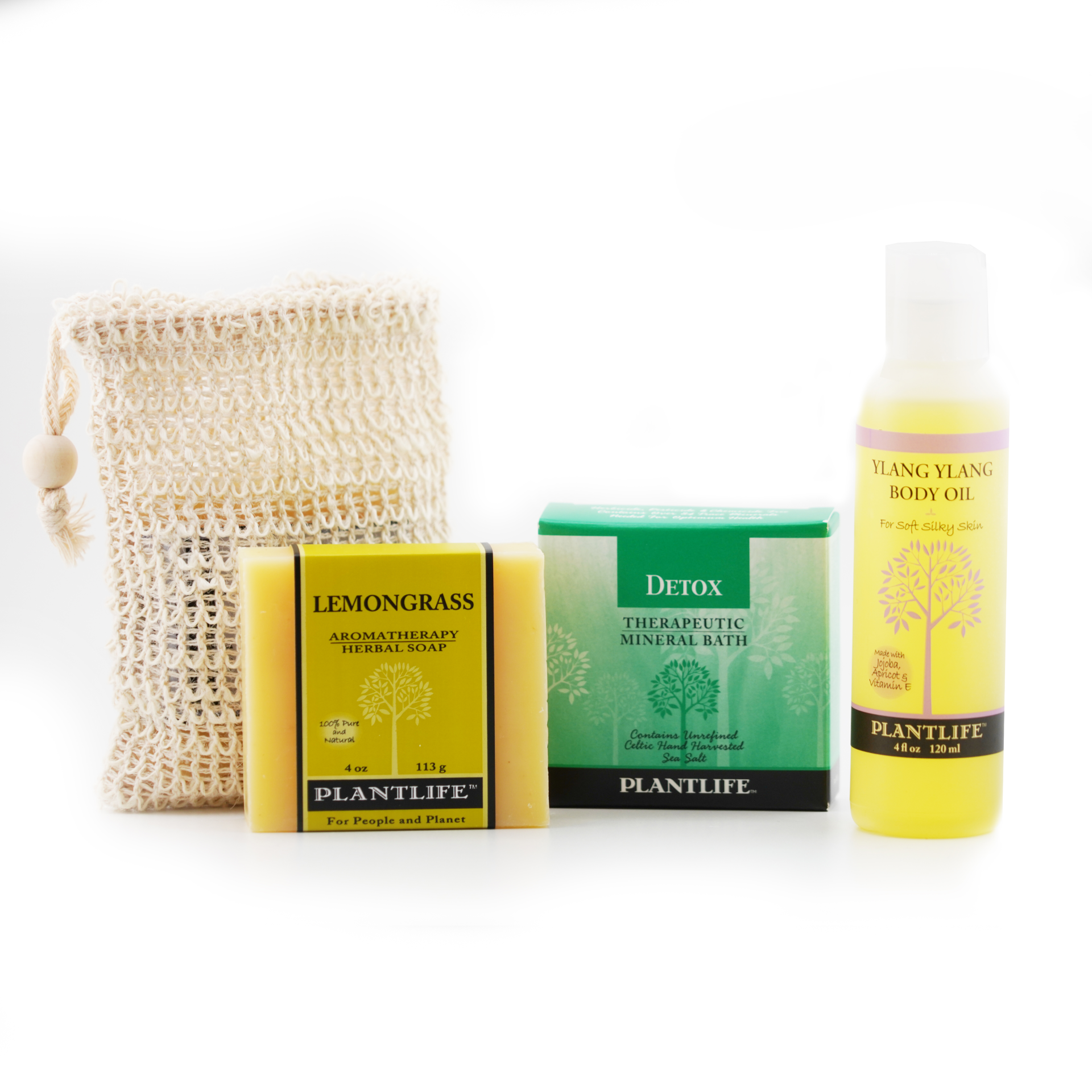 Plantlife Self-Care Gift Set with ylang ylang body oil, lemongrass soap, detox bath salt, and natural soap sack