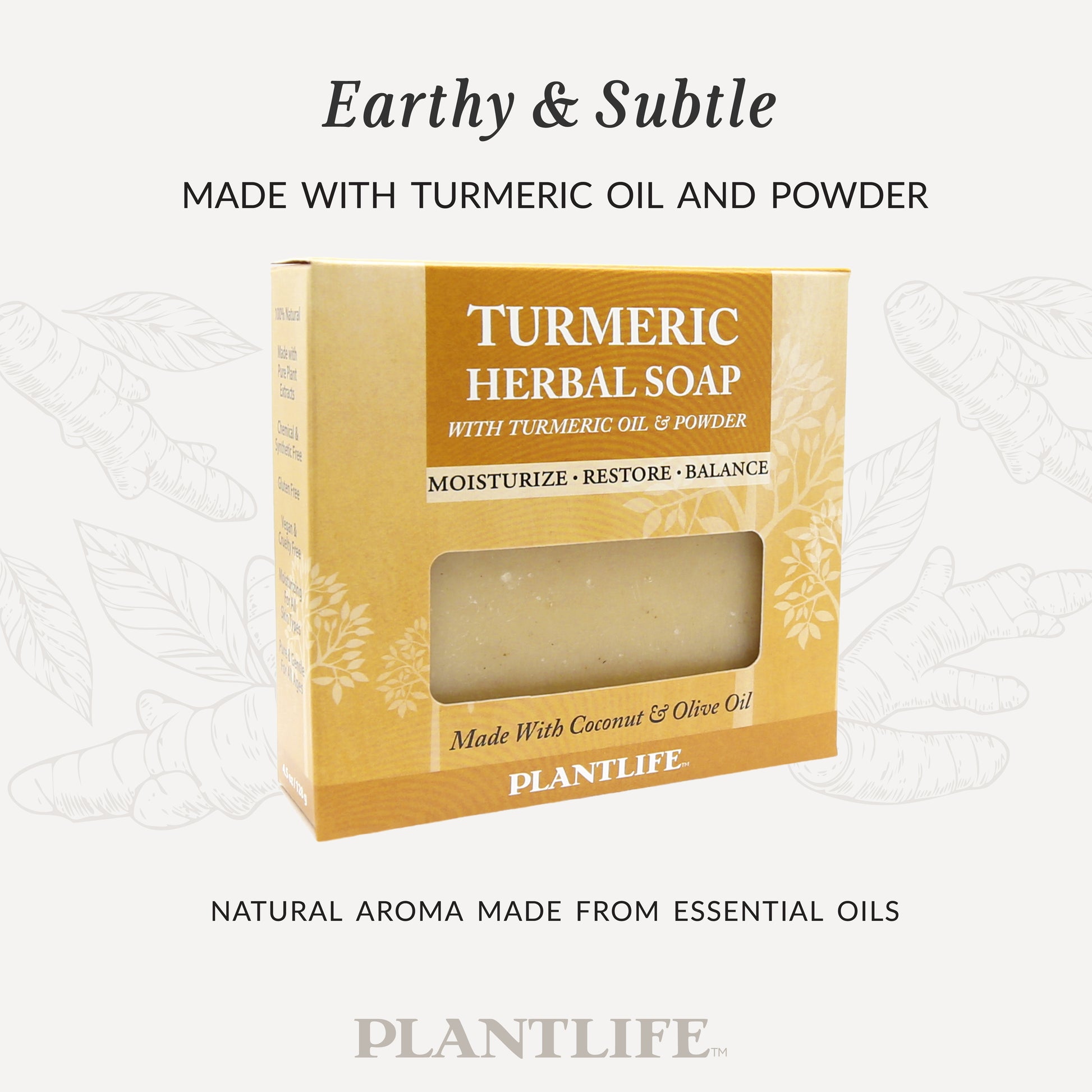 Plantlife Turmeric Herbal Soap in golden packaging with a window showing the soap bar. Text reads “Earthy & Subtle – Made with turmeric oil and powder” and “Natural aroma made from essential oils.”