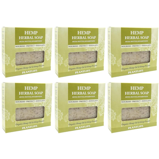 Six boxes of Hemp Herbal Soap with visible soap bars on a white background