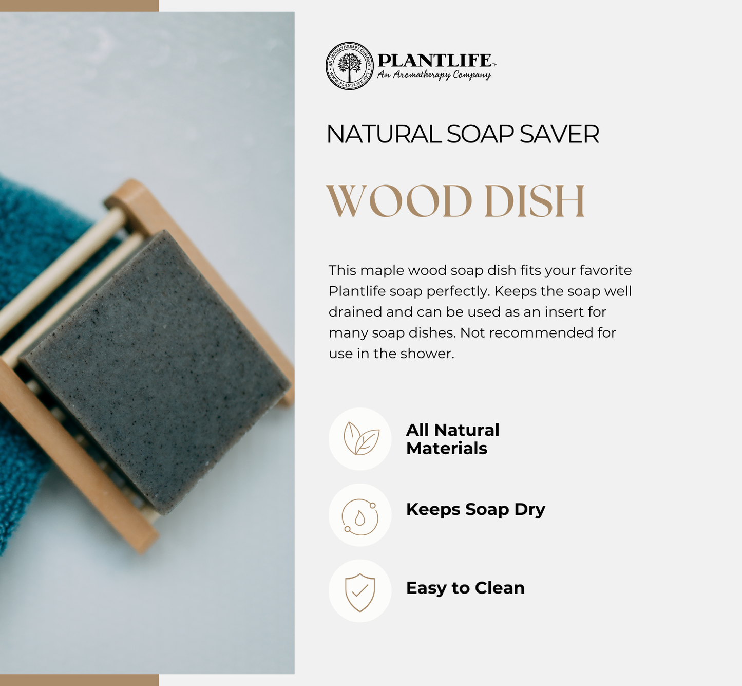 Plantlife maple wood soap dish holding a natural bar soap on a blue towel, promoting eco-friendly materials, drainage to keep soap dry, and easy-to-clean design for everyday use.