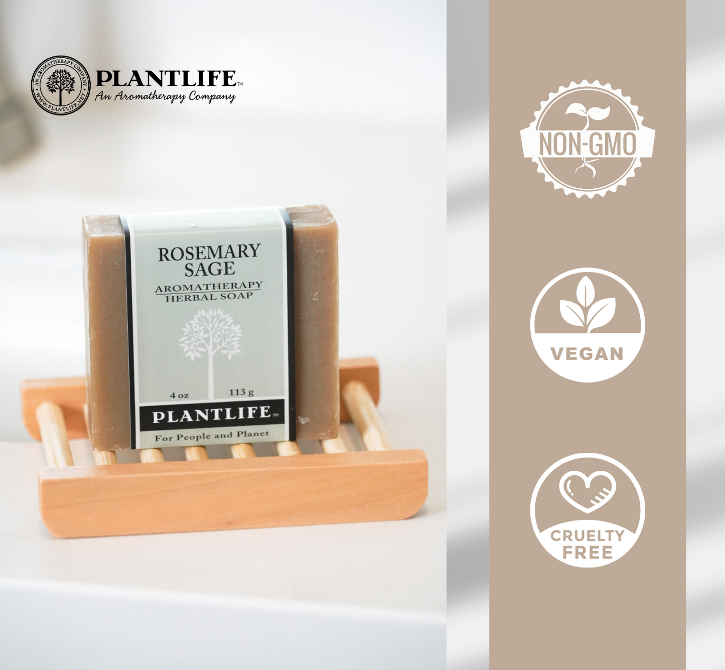 Plantlife Rosemary Sage Aromatherapy Herbal Soap resting on a natural wood soap dish, highlighted with icons for non-GMO, vegan, and cruelty-free ingredients.