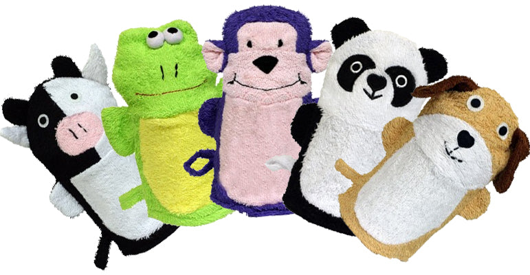 Plantlife Animal Bath Mitt Collection – Cow, Frog, Monkey, Panda, and Dog Soft Cotton Scrubbies for Kids’ Gentle Cleansing and Fun Bathtime Play