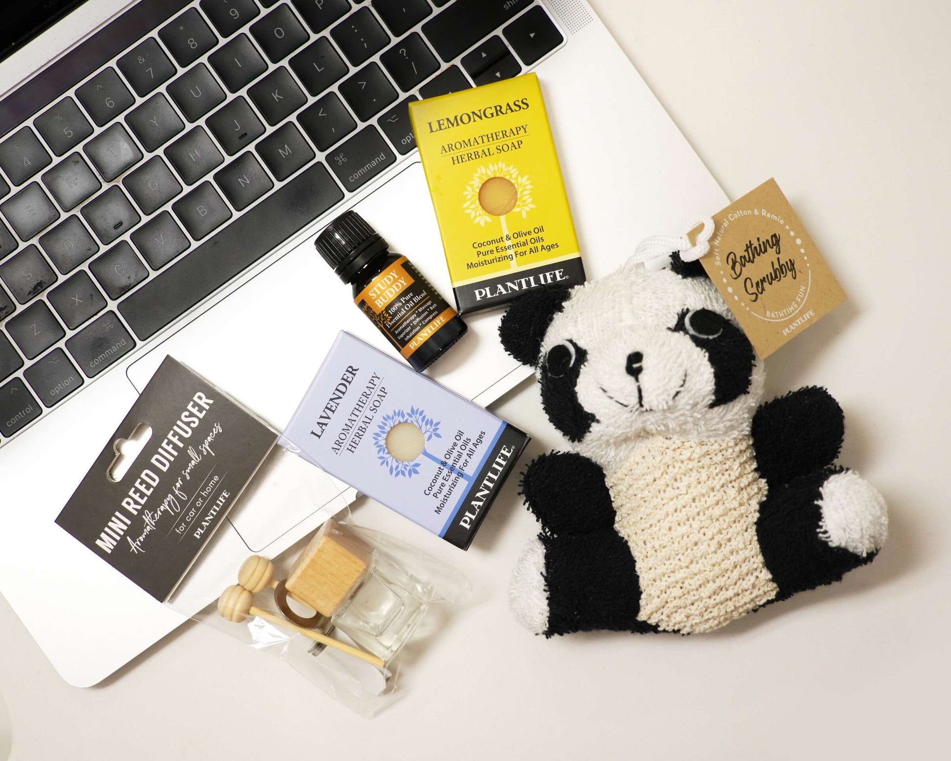 Plantlife aromatherapy back-to-school set displayed on a laptop, featuring Lemongrass and Lavender soap samples, Study Buddy essential oil, Mini Reed Diffuser, and a panda ramie bath scrubby.