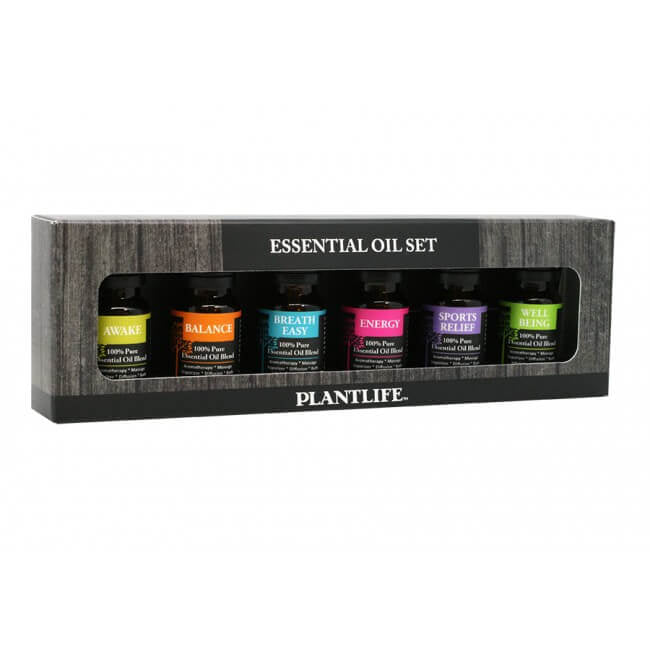 Plantlife Essential Oil Blend 6-Pack with Awake, Balance, Breathe Easy, Energy, Sports Relief, and Well Being in black gift box