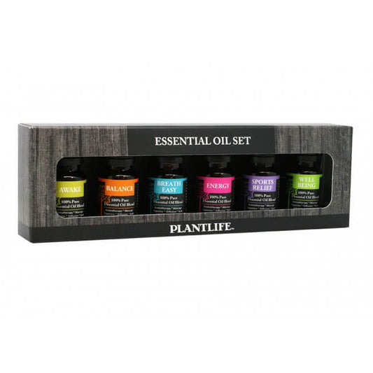 Plantlife Essential Oil Blend 6-Pack with Awake, Balance, Breathe Easy, Energy, Sports Relief, and Well Being in black gift box