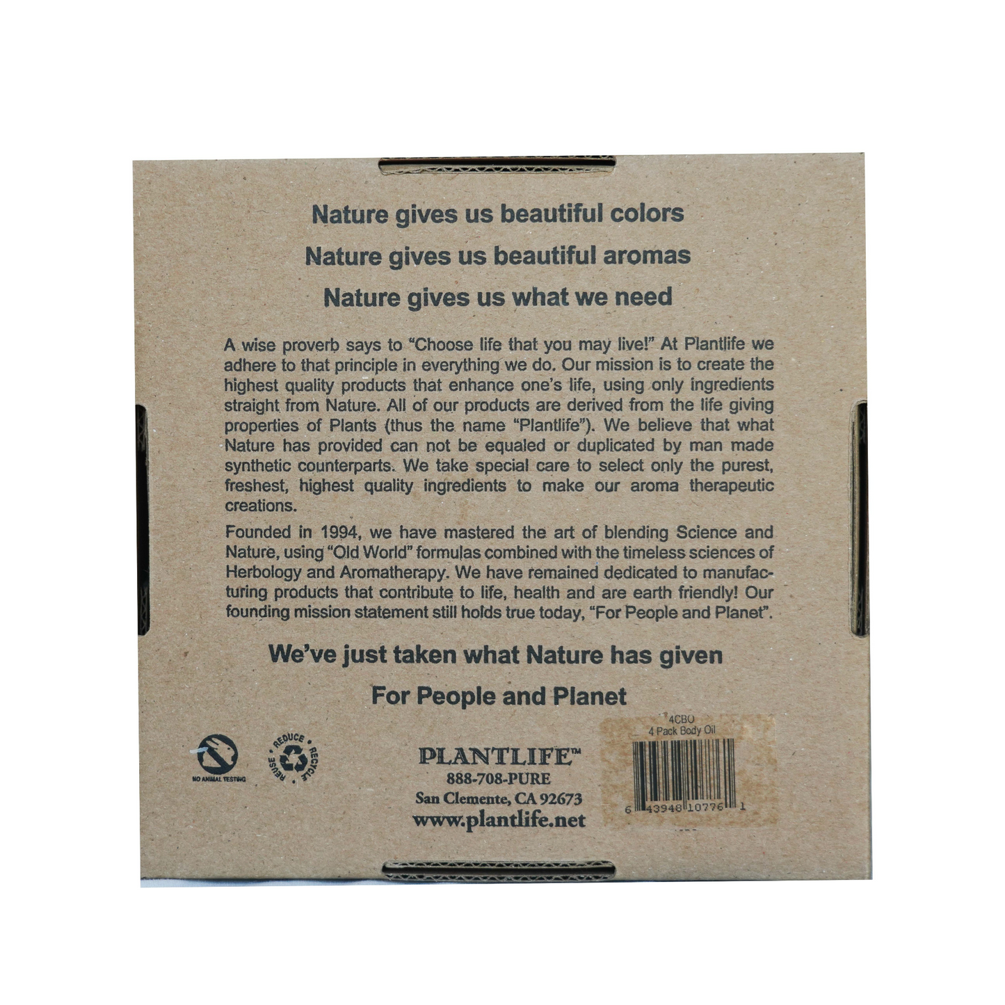 Back of Plantlife Body Oil Gift Set box with brand mission statement emphasizing natural ingredients, eco-conscious values, and the slogan “For People and Planet.”