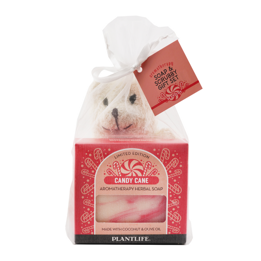 Plantlife Candy Cane Soap and Scrubby Gift Set featuring limited edition aromatherapy herbal soap and bear-shaped scrubby in a white organza bag