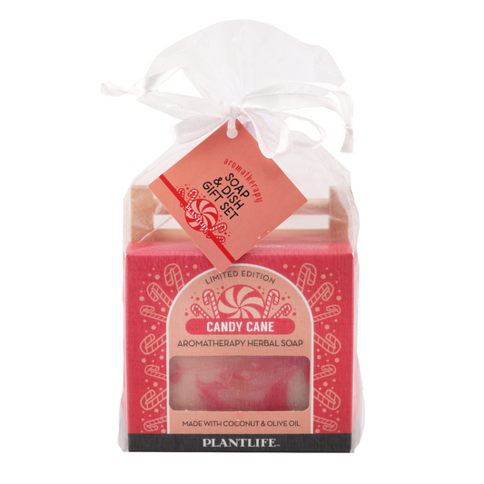 Plantlife Candy Cane Aromatherapy Herbal Soap & Dish Gift Set in a white organza bag, featuring limited edition soap made with coconut and olive oil