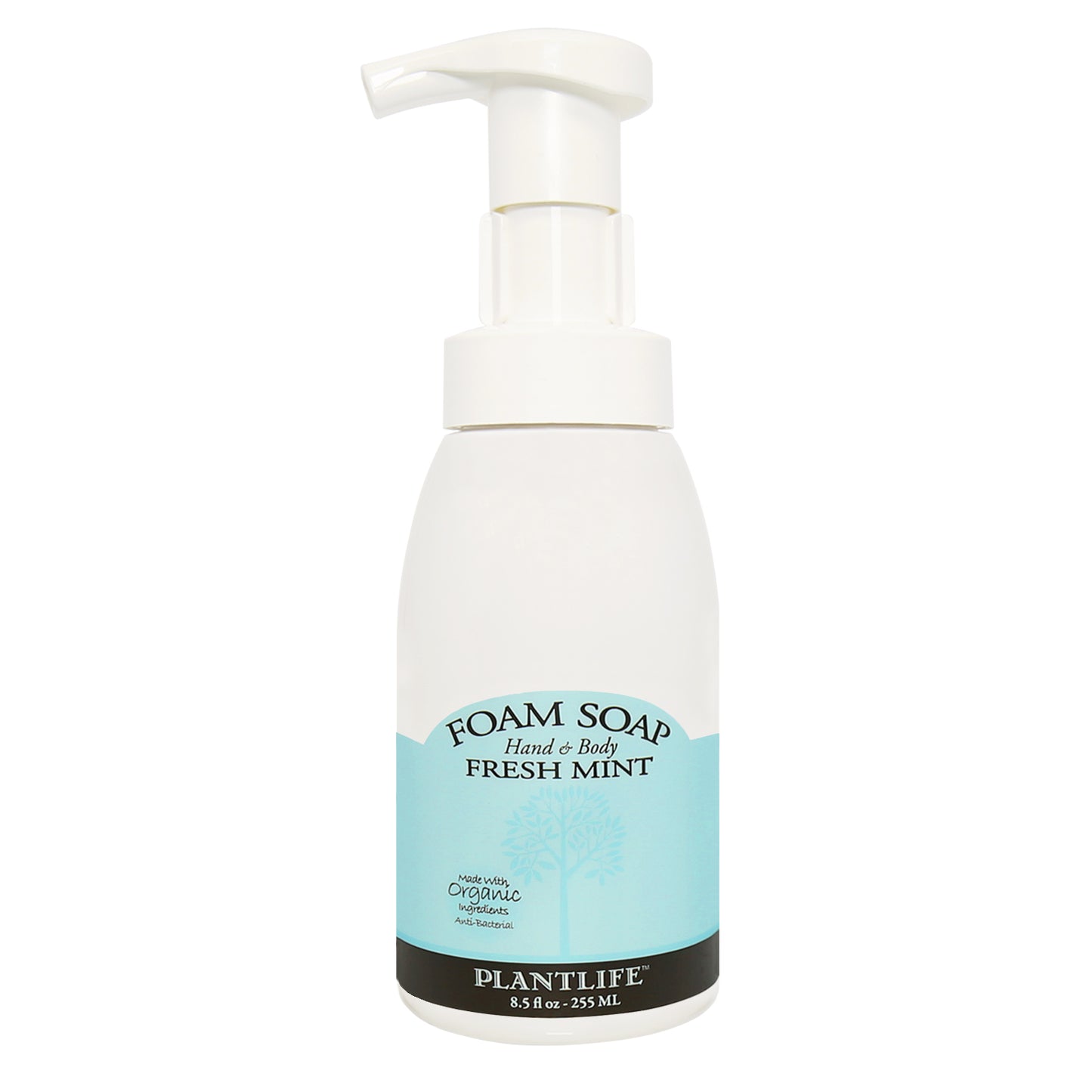 Foam soap bottle with pump dispenser labeled 'Fresh Mint' by Plantlife on a white background