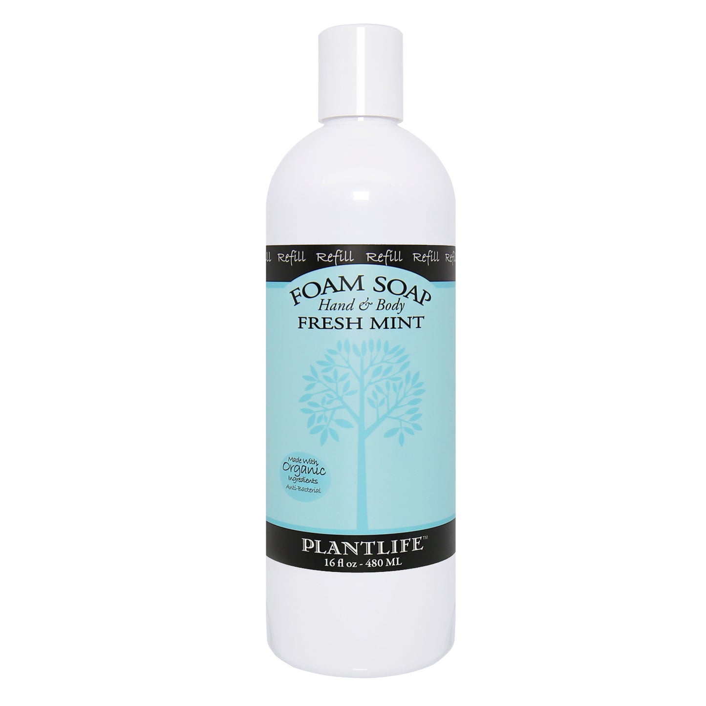 Foam soap bottle labeled 'Fresh Mint' by Plantlife on a white background refill