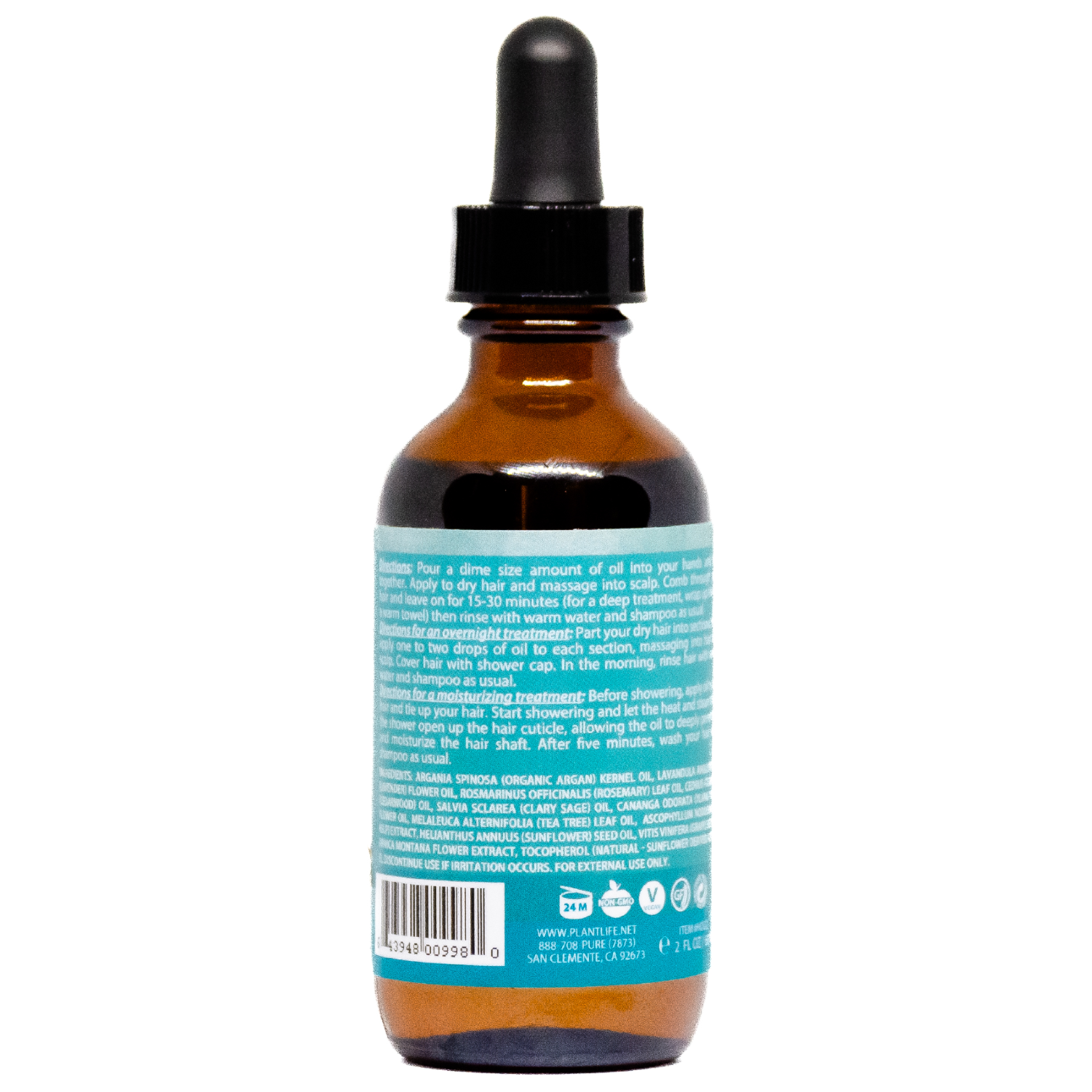 Back of Plantlife Hair Oil with directions, ingredient list, and icons for vegan, non-GMO, and gluten-free.