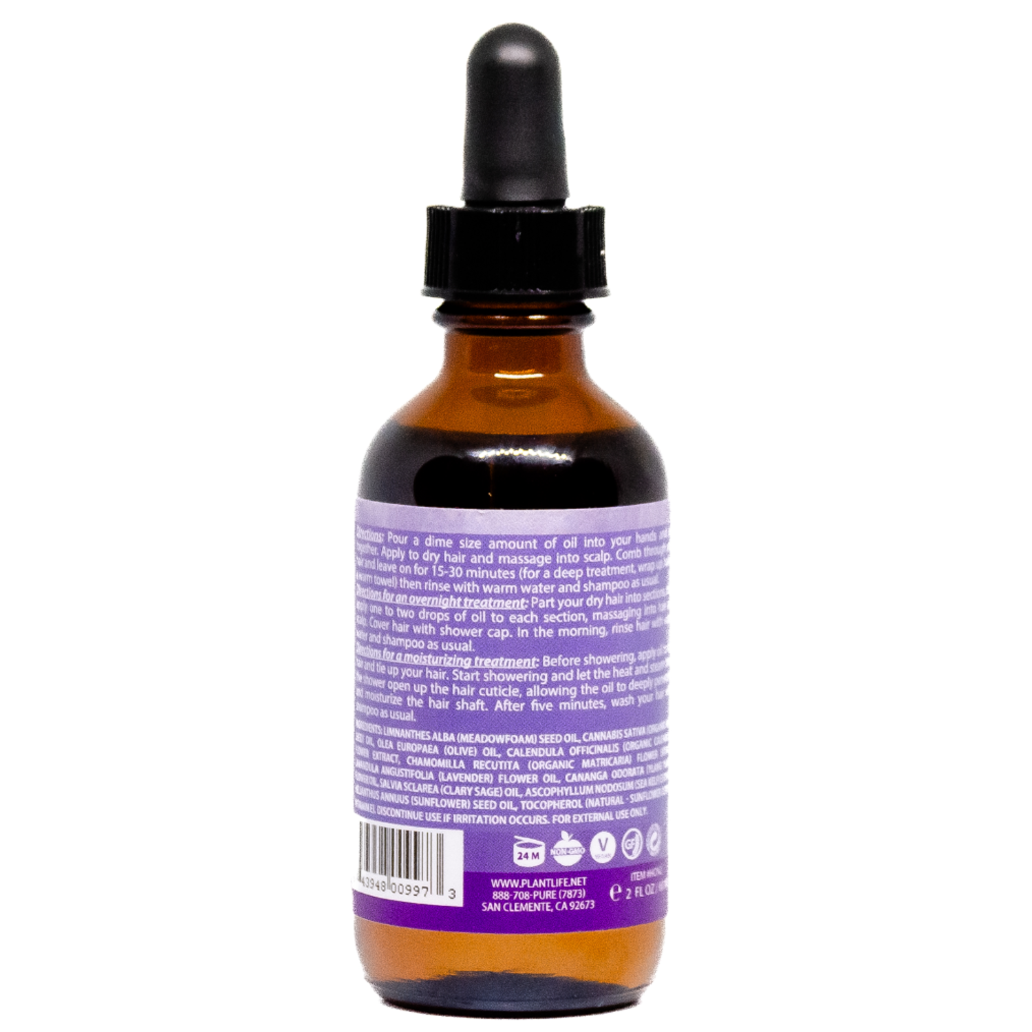 Back of Plantlife Nourish Hair Oil showing usage directions, full ingredient list, product barcode, and company details.